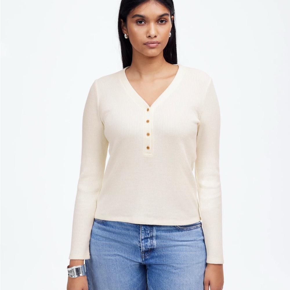NWT Madewell Women's Brushed Long-Sleeve Henley Tee in Antique Cream Size M